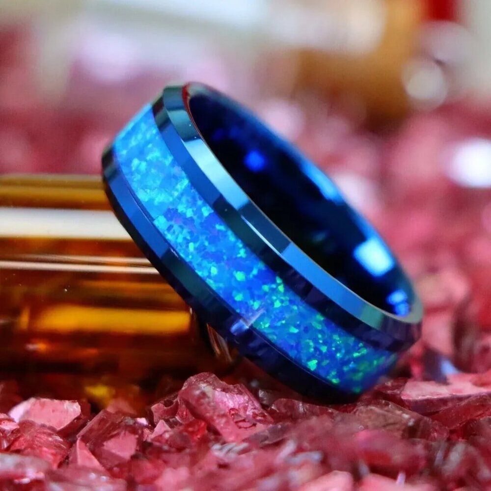 Tungsten Steel Carbide Ring with Center Blue Fire Opal Inlay statement piece